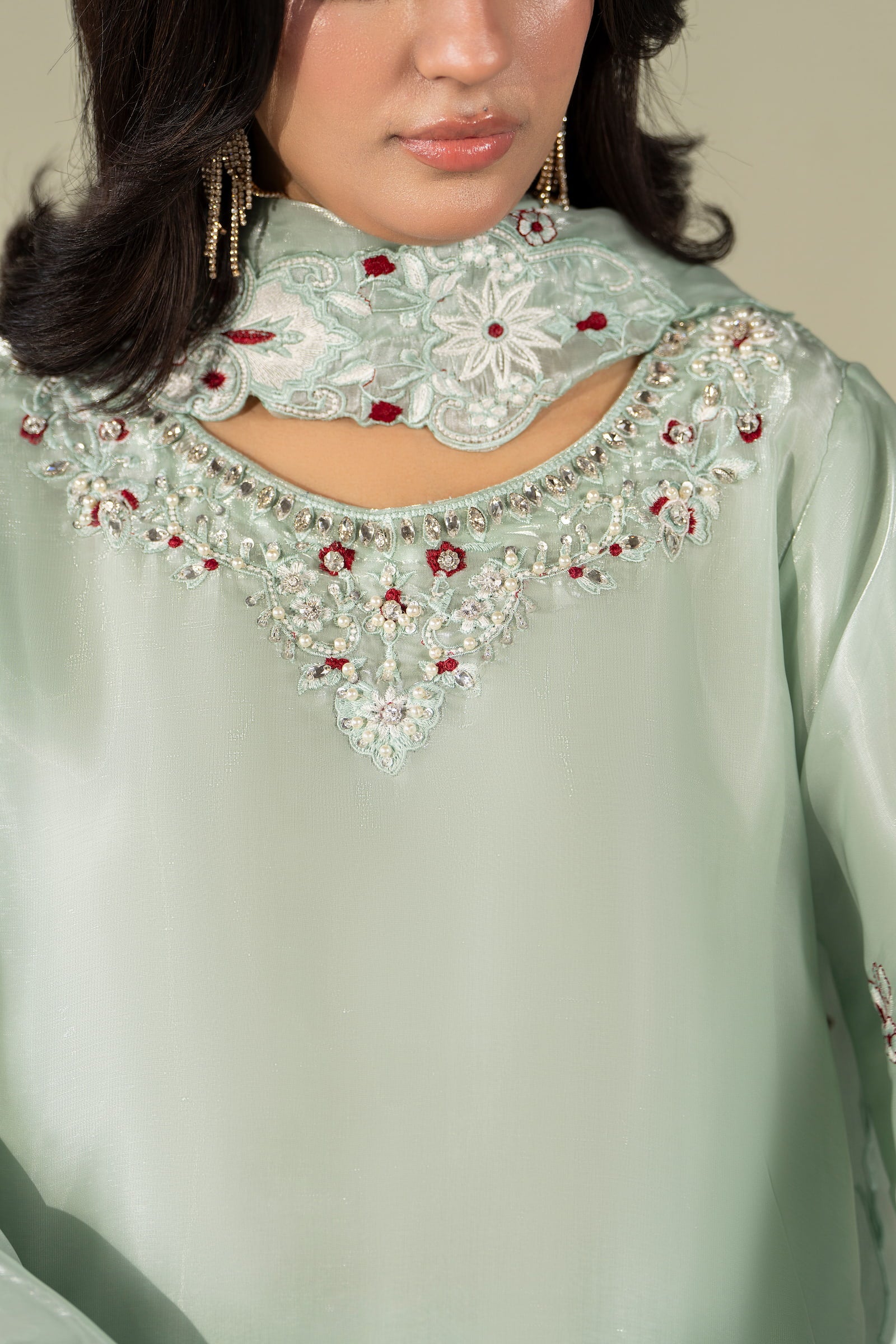 Mint green pastel embroidered 3 piece Pakistani suit with dupatta for women - photo 3