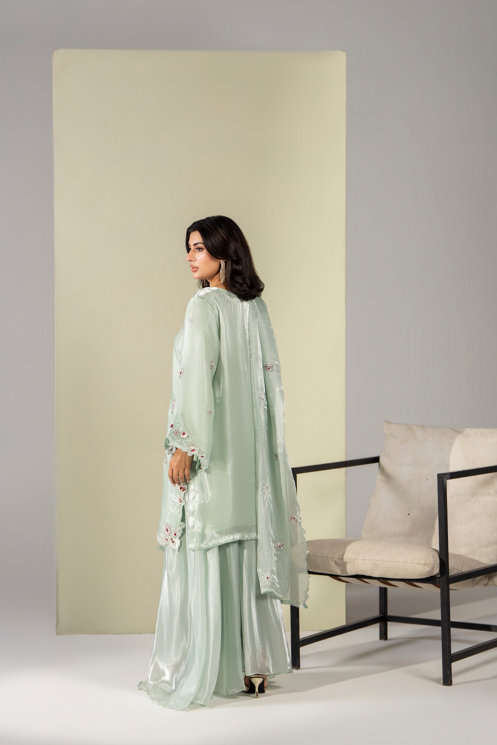 Mint green pastel embroidered 3 piece Pakistani suit with dupatta for women - photo 5