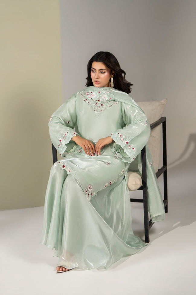 Mint green pastel embroidered 3 piece Pakistani suit with dupatta for women - photo 6
