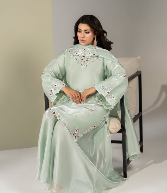 Mint green pastel embroidered 3 piece Pakistani suit with dupatta for women - photo 6