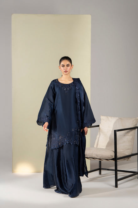 Navy blue embroidered Pakistani 3 piece suit with dupatta for women - photo 1