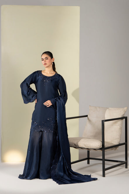 Navy blue embroidered Pakistani 3 piece suit with dupatta for women - photo 2