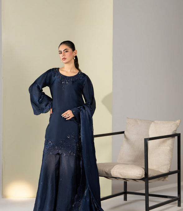 Navy blue embroidered Pakistani 3 piece suit with dupatta for women - photo 2
