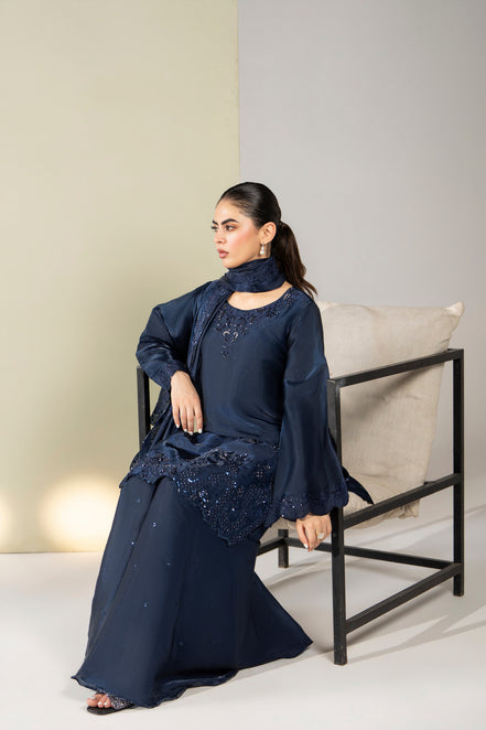 Navy blue embroidered Pakistani 3 piece suit with dupatta for women - photo 4