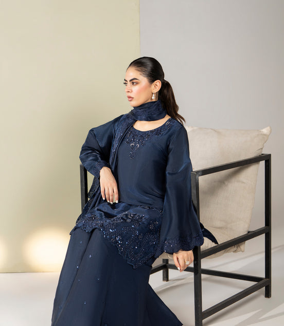 Navy blue embroidered Pakistani 3 piece suit with dupatta for women - photo 4