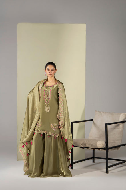 Olive green embroidered 3 piece Pakistani suit with tassel detail for women - photo 1