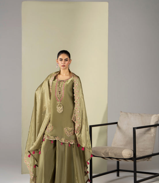 Olive green embroidered 3 piece Pakistani suit with tassel detail for women - photo 1