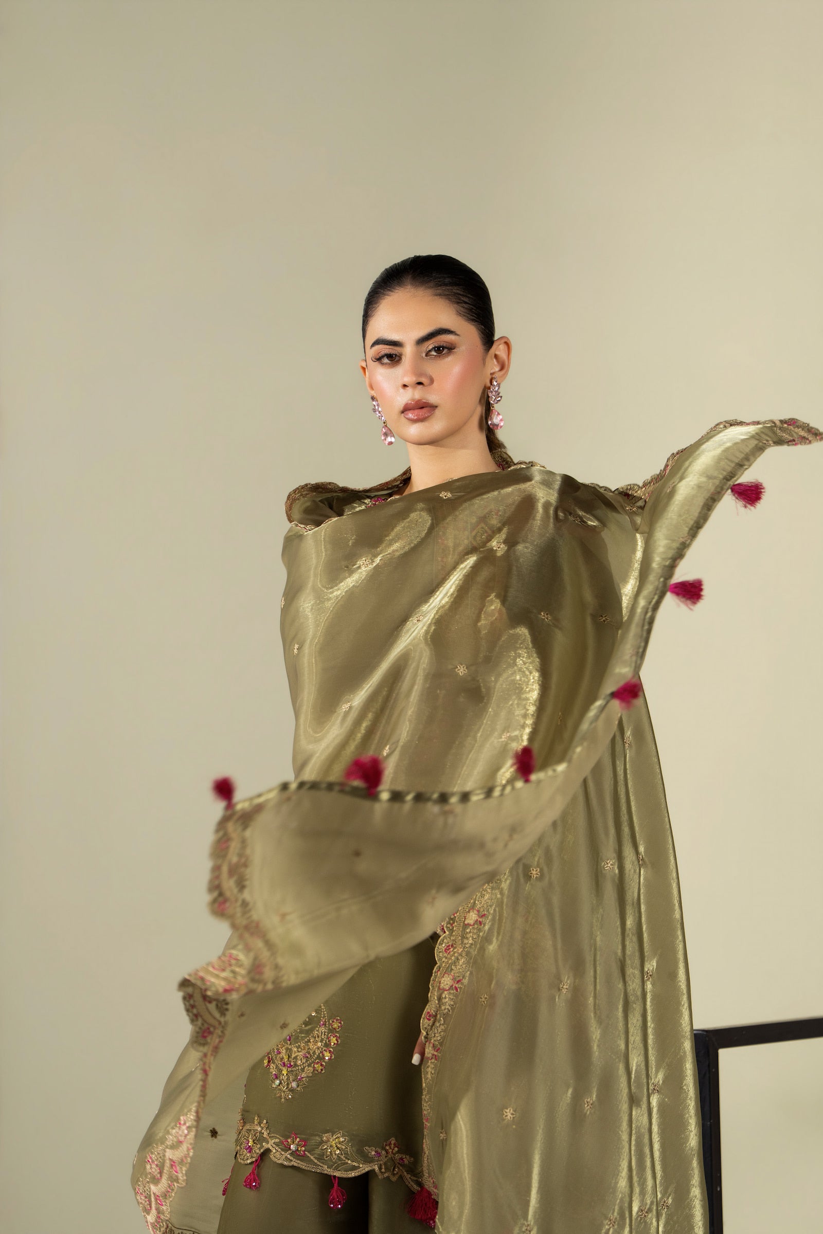 Olive green embroidered 3 piece Pakistani suit with tassel detail for women - photo 2