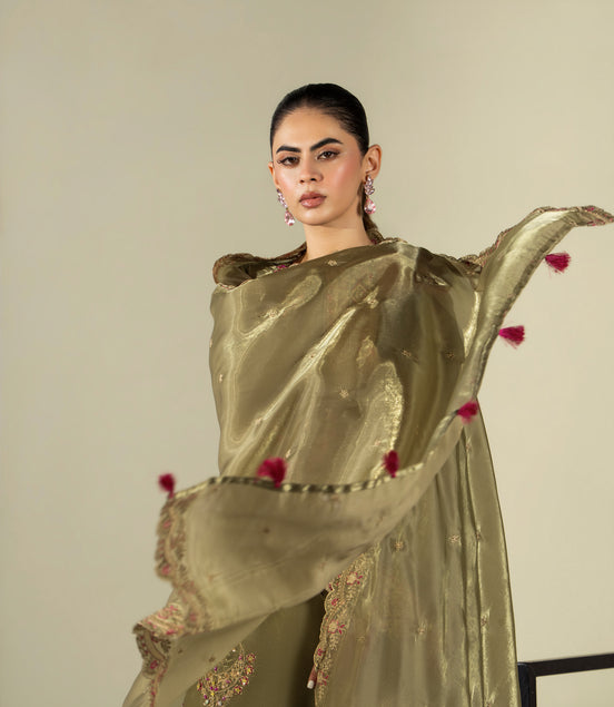 Olive green embroidered 3 piece Pakistani suit with tassel detail for women - photo 2