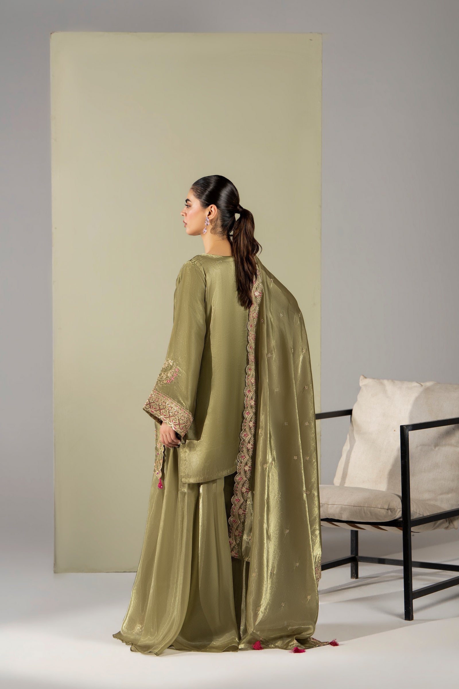 Olive green embroidered 3 piece Pakistani suit with tassel detail for women - photo 3