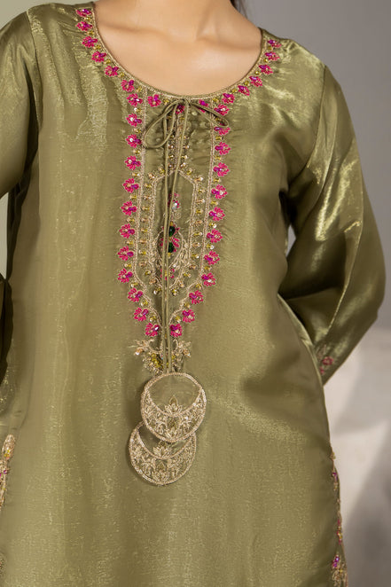 Olive green embroidered 3 piece Pakistani suit with tassel detail for women - photo 4