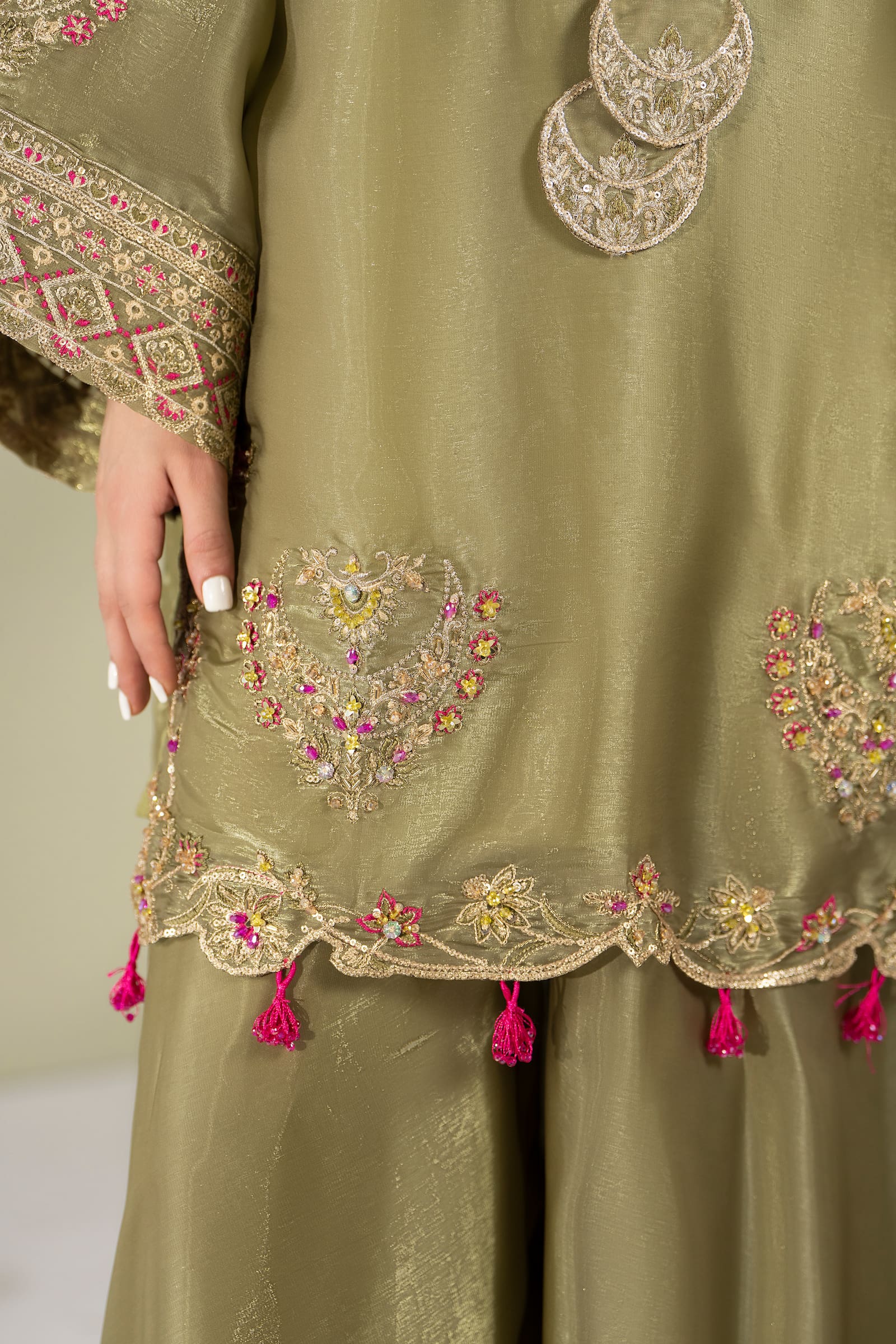 Olive green embroidered 3 piece Pakistani suit with tassel detail for women - photo 5