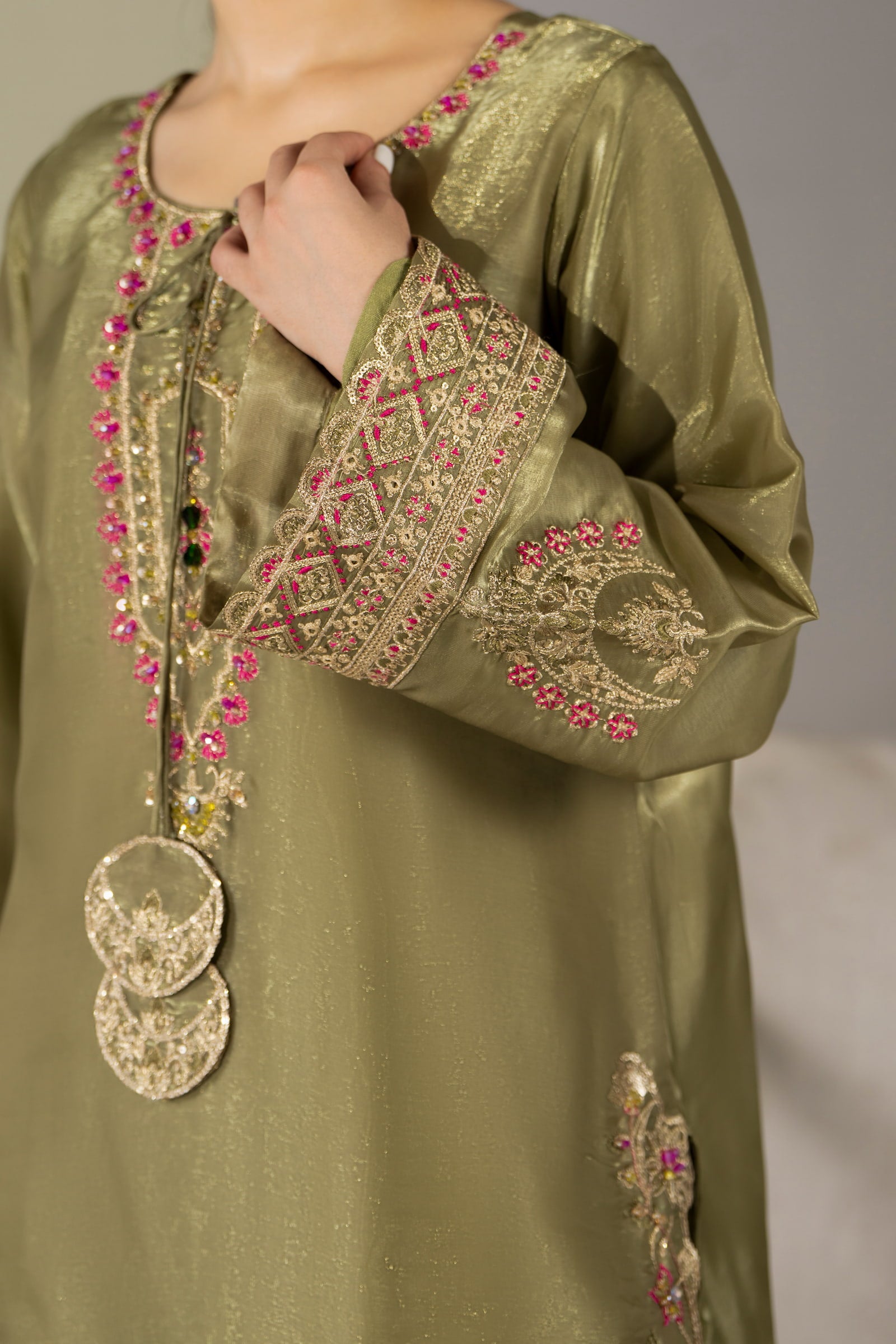 Olive green embroidered 3 piece Pakistani suit with tassel detail for women - photo 6