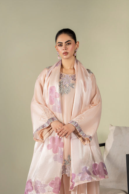 Peach floral embroidered 3 piece Pakistani suit for women with floral dupatta - photo 3