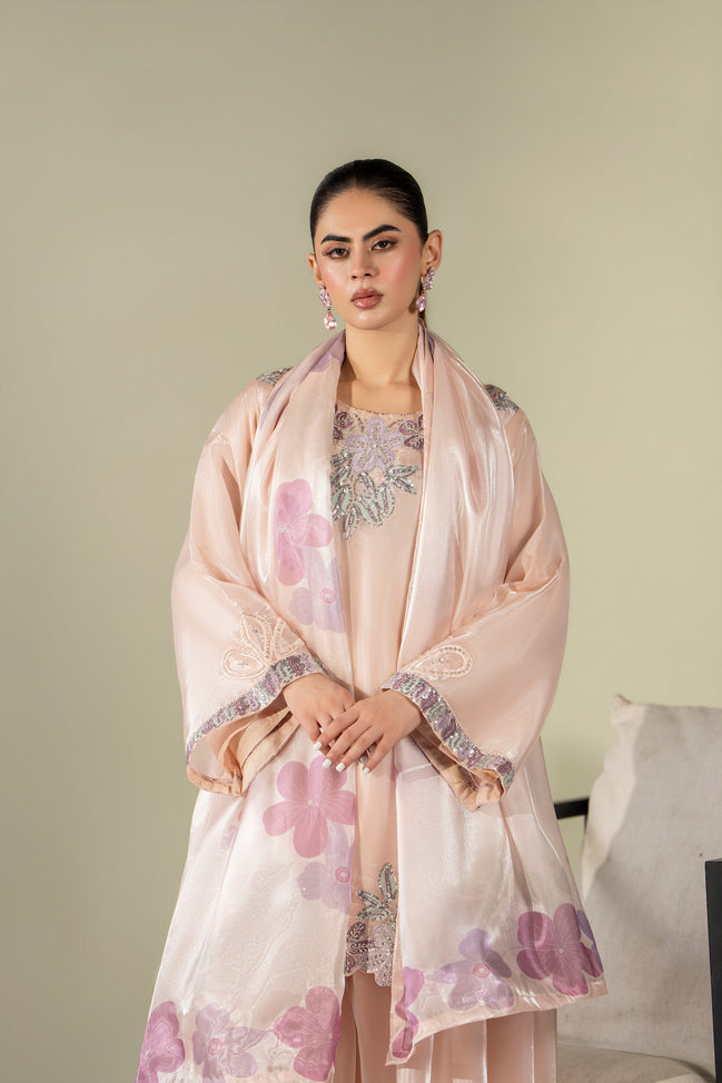 Peach floral embroidered 3 piece Pakistani suit for women with floral dupatta - photo 3