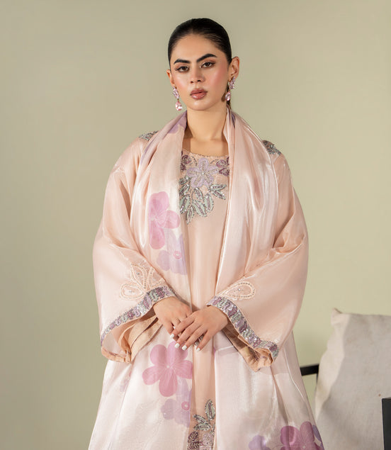 Peach floral embroidered 3 piece Pakistani suit for women with floral dupatta - photo 3