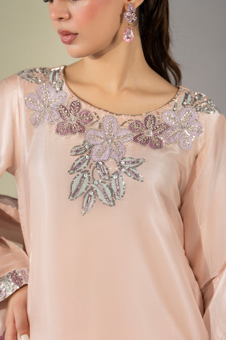 Peach floral embroidered 3 piece Pakistani suit for women with floral dupatta - photo 4