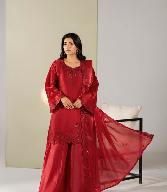 Red embroidered Pakistani 3 piece suit with chiffon dupatta and wide-leg trousers - photo 1