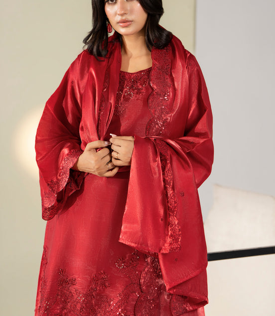 Red embroidered Pakistani 3 piece suit with chiffon dupatta and wide-leg trousers - photo 4