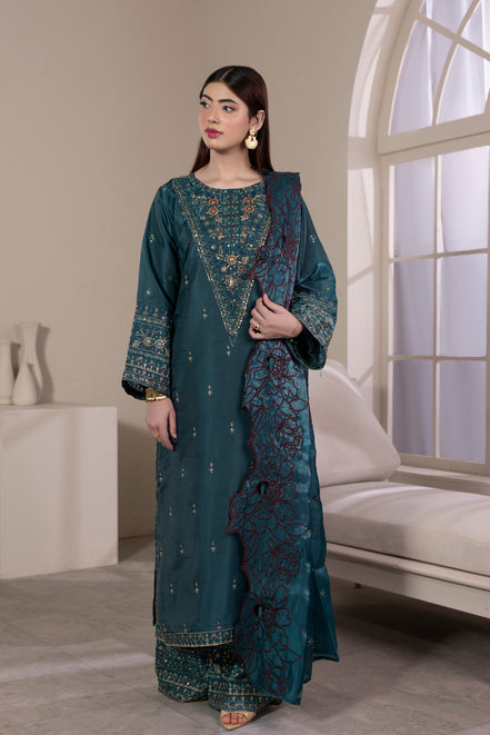 Teal embroidered 3 piece Pakistani suit with cutwork dupatta - photo 1