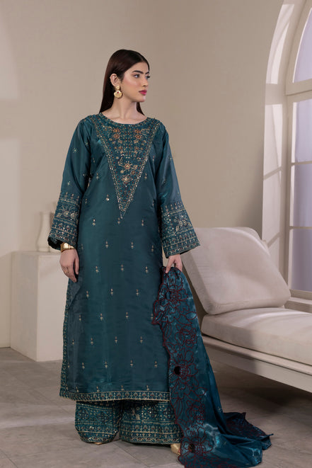 Teal embroidered 3 piece Pakistani suit with cutwork dupatta - photo 2