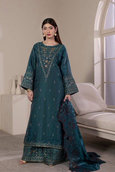 Teal embroidered 3 piece Pakistani suit with cutwork dupatta - photo 3