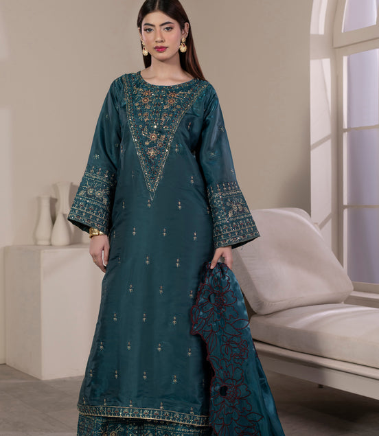 Teal embroidered 3 piece Pakistani suit with cutwork dupatta - photo 3