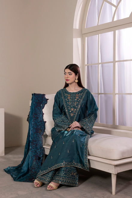 Teal embroidered 3 piece Pakistani suit with cutwork dupatta - photo 7