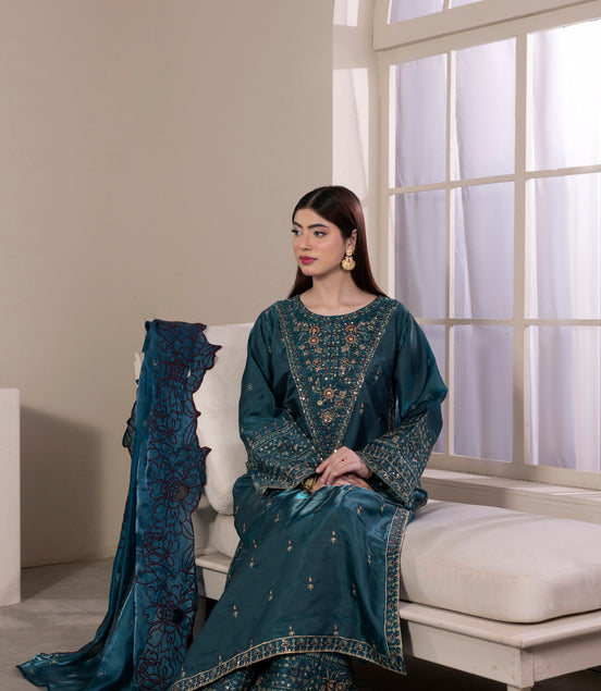 Teal embroidered 3 piece Pakistani suit with cutwork dupatta - photo 7