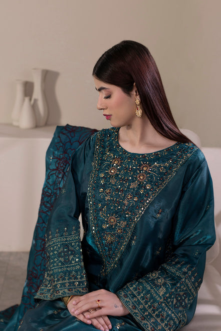 Teal embroidered 3 piece Pakistani suit with cutwork dupatta - photo 8