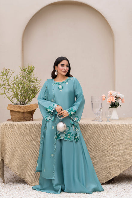 Teal floral embroidered 3 piece Pakistani suit for women with cutwork finishing - photo 1