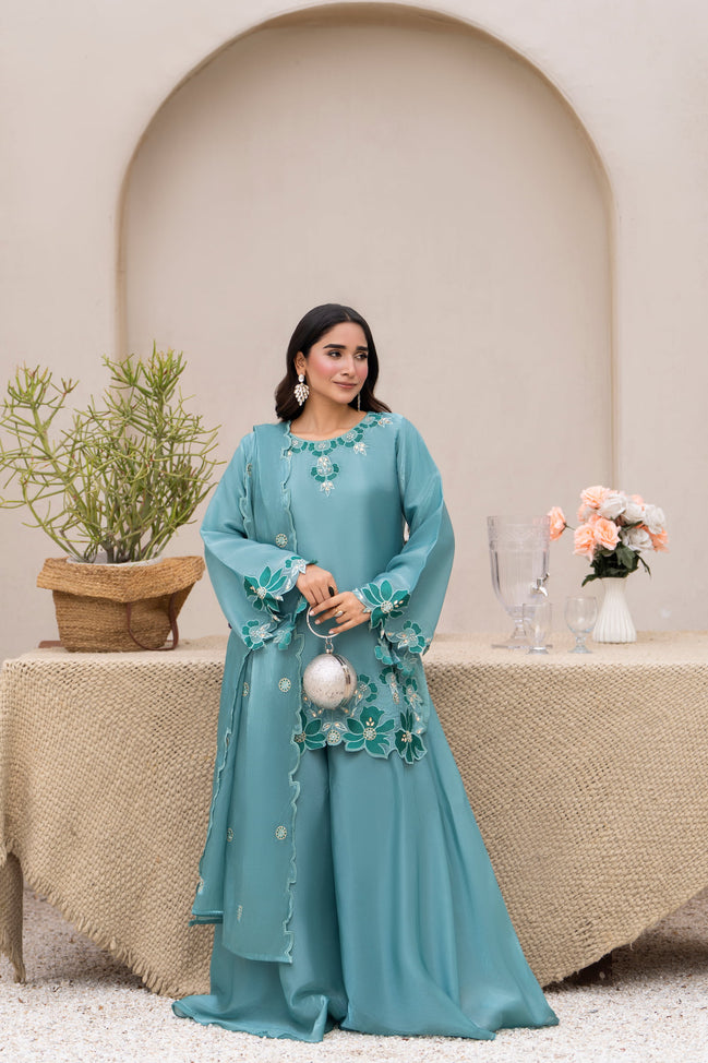 Teal floral embroidered 3 piece Pakistani suit for women with cutwork finishing - photo 1