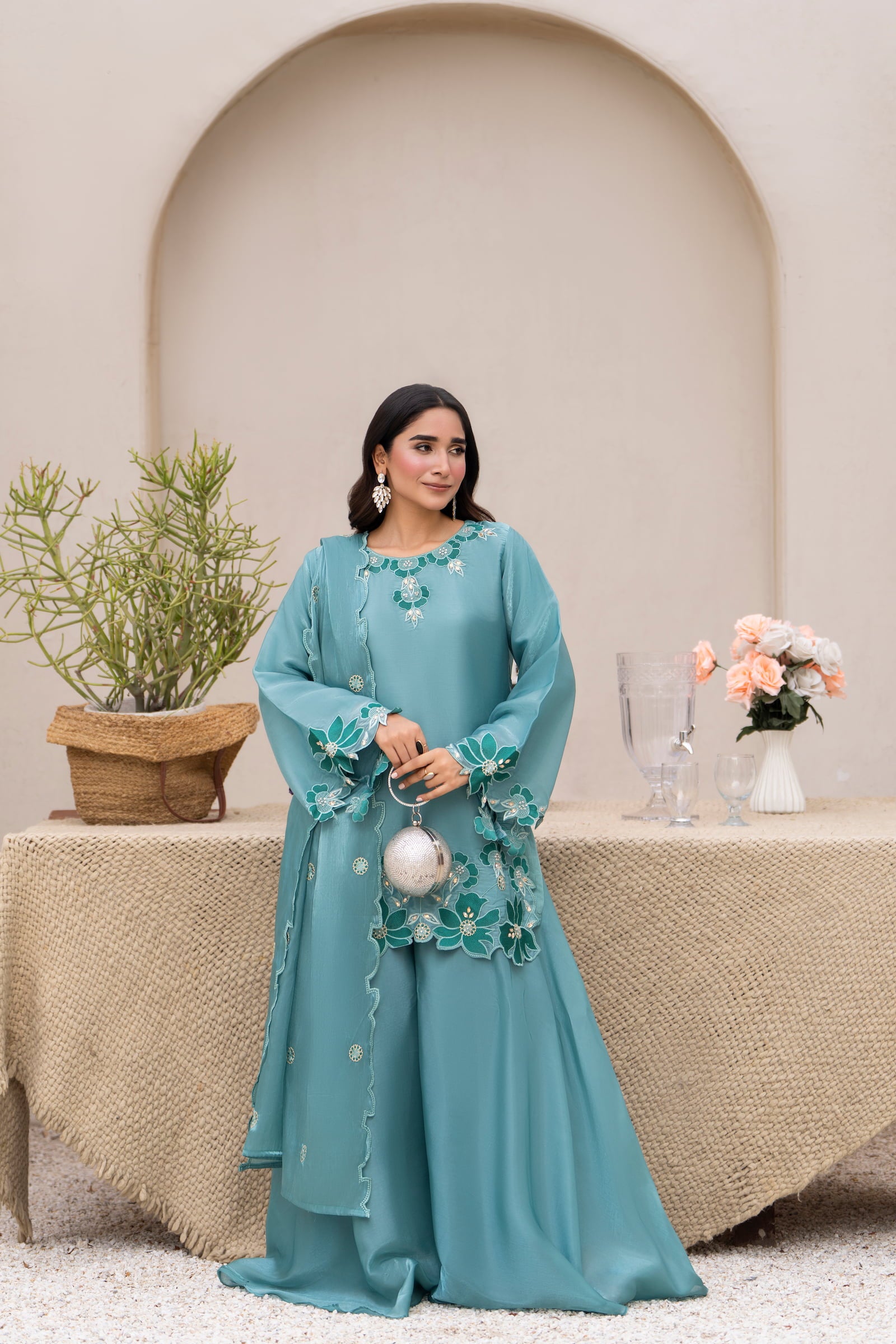 Teal floral embroidered 3 piece Pakistani suit for women with cutwork finishing - photo 1
