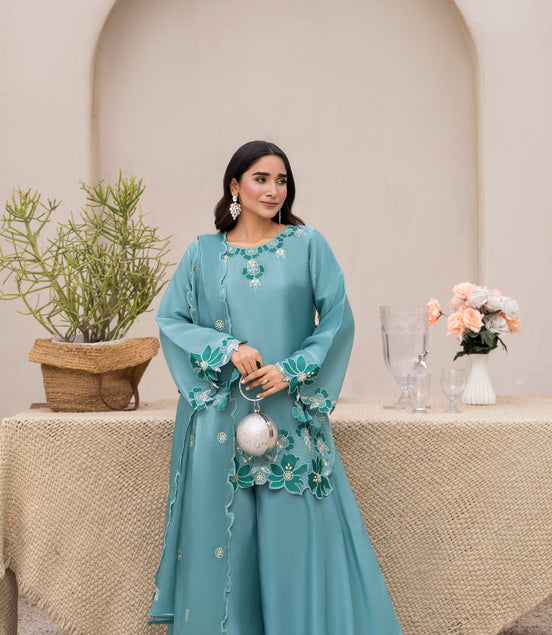 Teal floral embroidered 3 piece Pakistani suit for women with cutwork finishing - photo 1