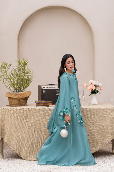 Teal floral embroidered 3 piece Pakistani suit for women with cutwork finishing - photo 2