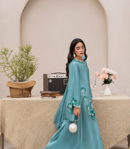 Teal floral embroidered 3 piece Pakistani suit for women with cutwork finishing - photo 2