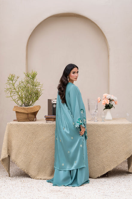 Teal floral embroidered 3 piece Pakistani suit for women with cutwork finishing - photo 3