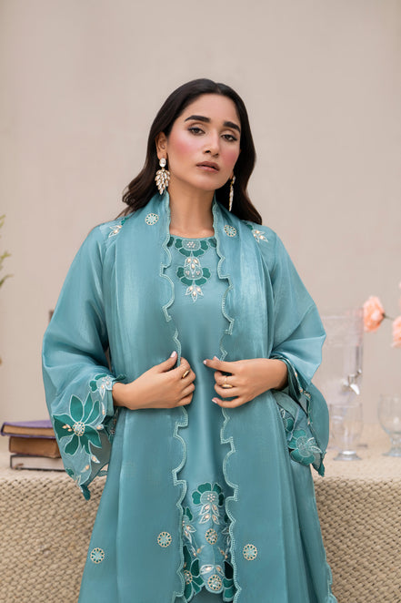 Teal floral embroidered 3 piece Pakistani suit for women with cutwork finishing - photo 4