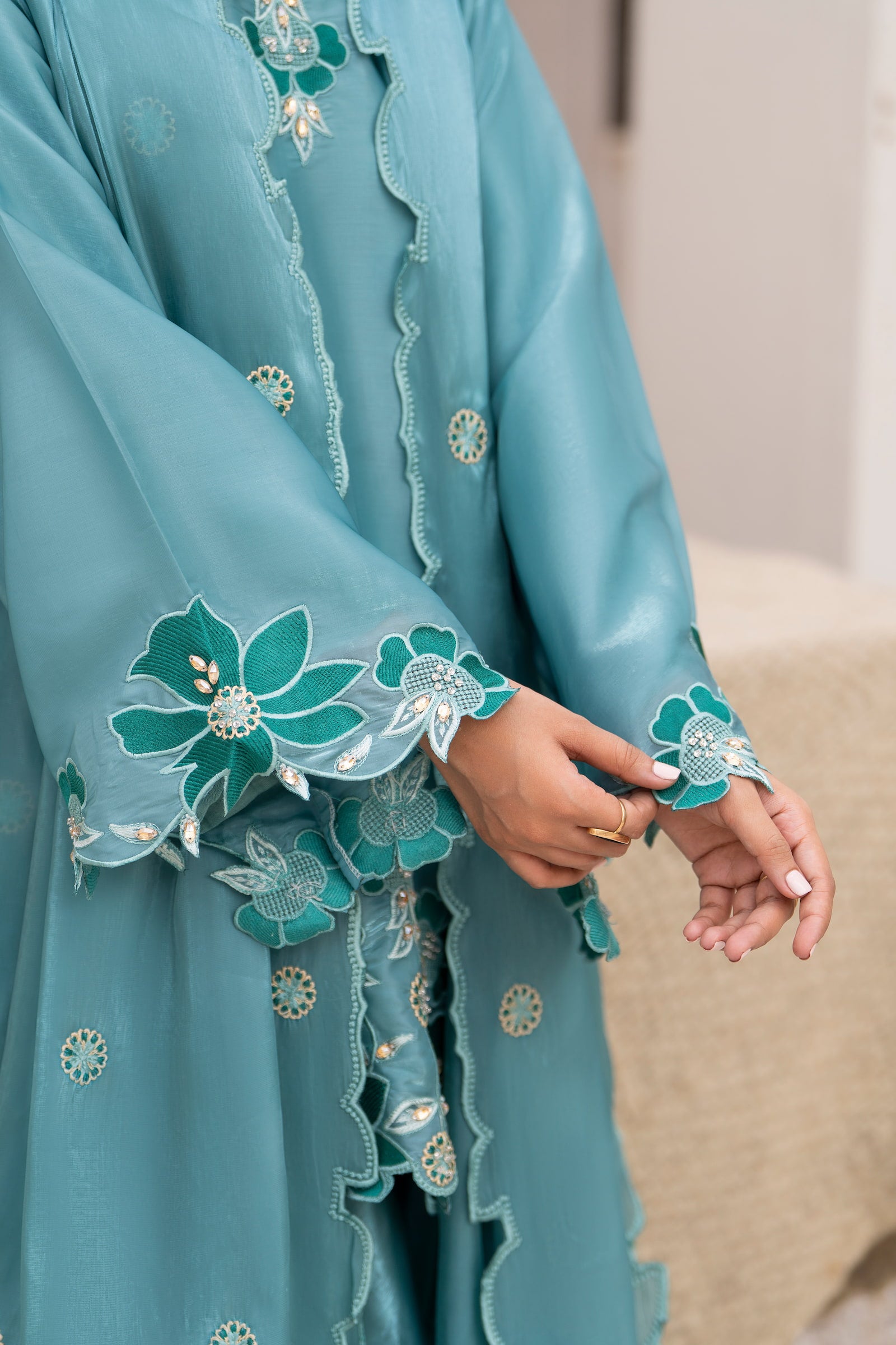 Teal floral embroidered 3 piece Pakistani suit for women with cutwork finishing - photo 5