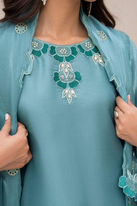 Teal floral embroidered 3 piece Pakistani suit for women with cutwork finishing - photo 6