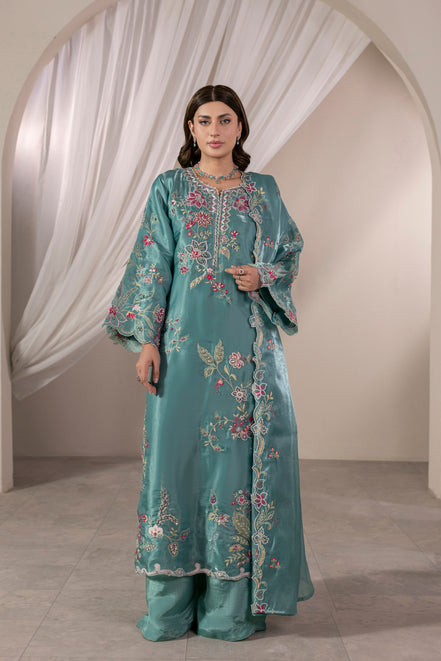 Teal floral embroidered 3 piece Pakistani suit for women - photo 1