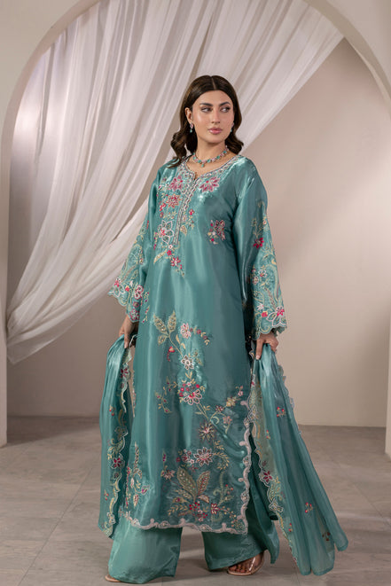 Teal floral embroidered 3 piece Pakistani suit for women - photo 2