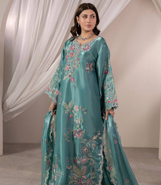 Teal floral embroidered 3 piece Pakistani suit for women - photo 2