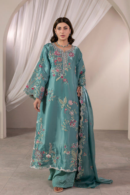 Teal floral embroidered 3 piece Pakistani suit for women - photo 3