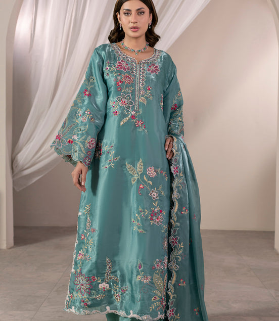 Teal floral embroidered 3 piece Pakistani suit for women - photo 3