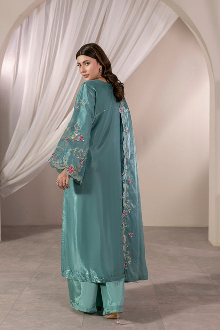 Teal floral embroidered 3 piece Pakistani suit for women - photo 4