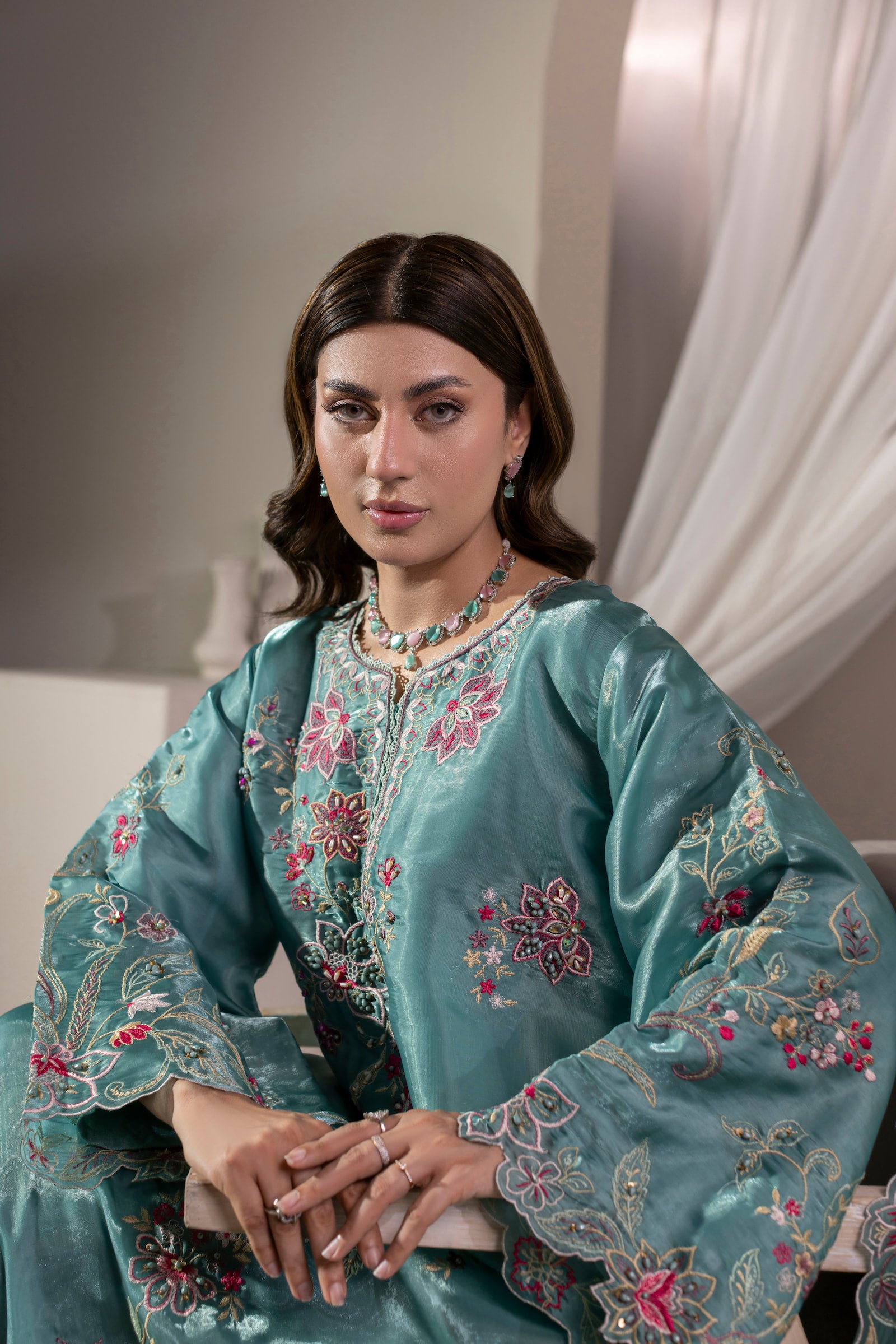 Teal floral embroidered 3 piece Pakistani suit for women - photo 6
