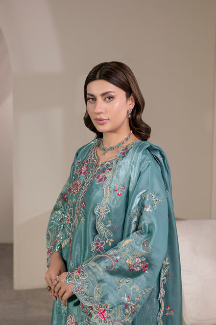 Teal floral embroidered 3 piece Pakistani suit for women - photo 7