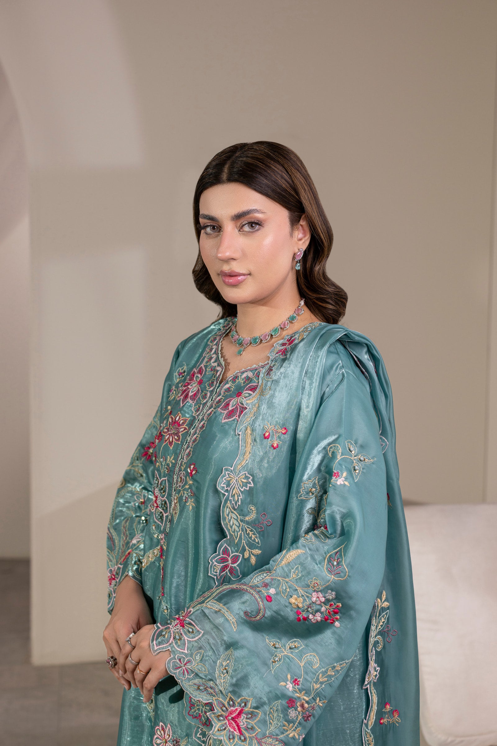 Teal floral embroidered 3 piece Pakistani suit for women - photo 7
