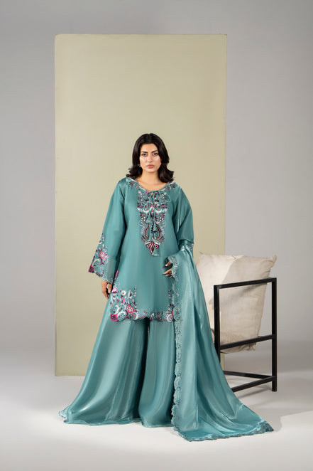 Teal floral festive embroidered 3 piece Pakistani suit with dupatta for women - photo 1